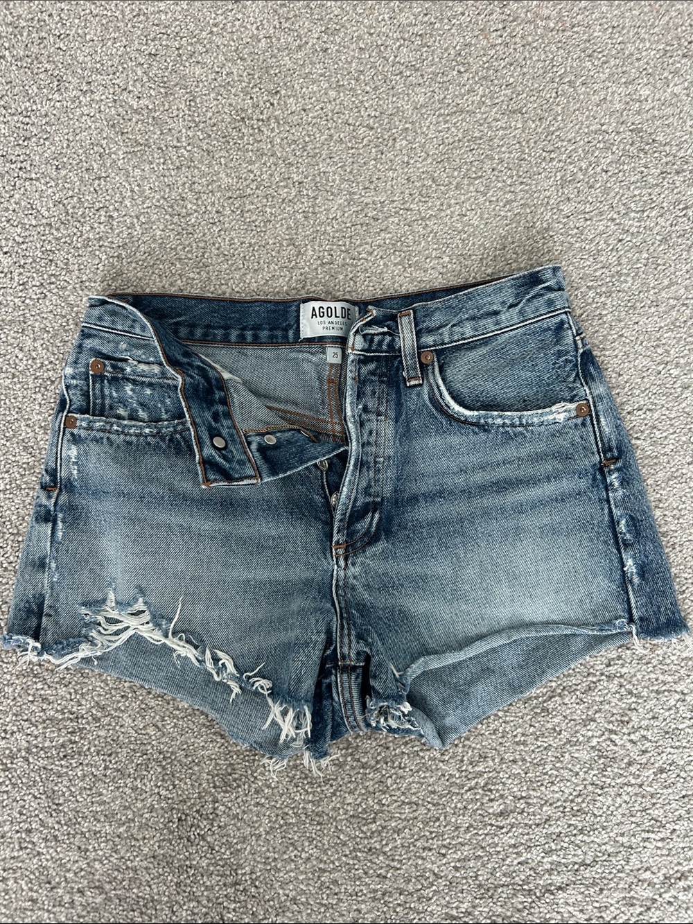 Agolde Faded Blue Distressed High-Rise Jean Shorts